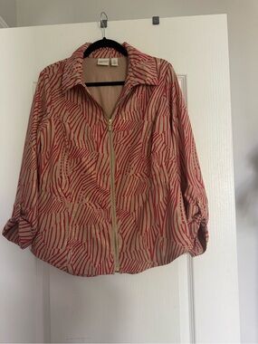 Chico's Cream and Red Abstract Zip Jacket